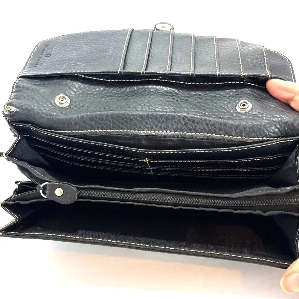 Black Etienne Aigner Monogram Canvas & Leather Wallet‎ Clutch Buckle Closure
